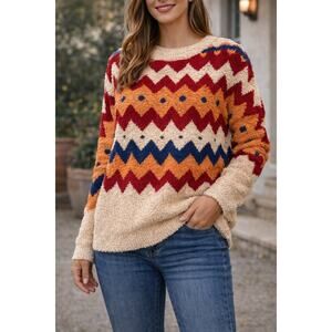 Southwest Aztec Sherpa Sweater Womens Medium Cream Red Orange Blue Cozy Pullover